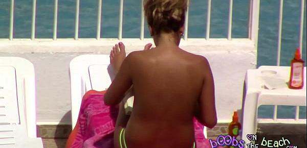  Big Bouncy Tanned 19 year old Hot Blonde by the pool big oily tits